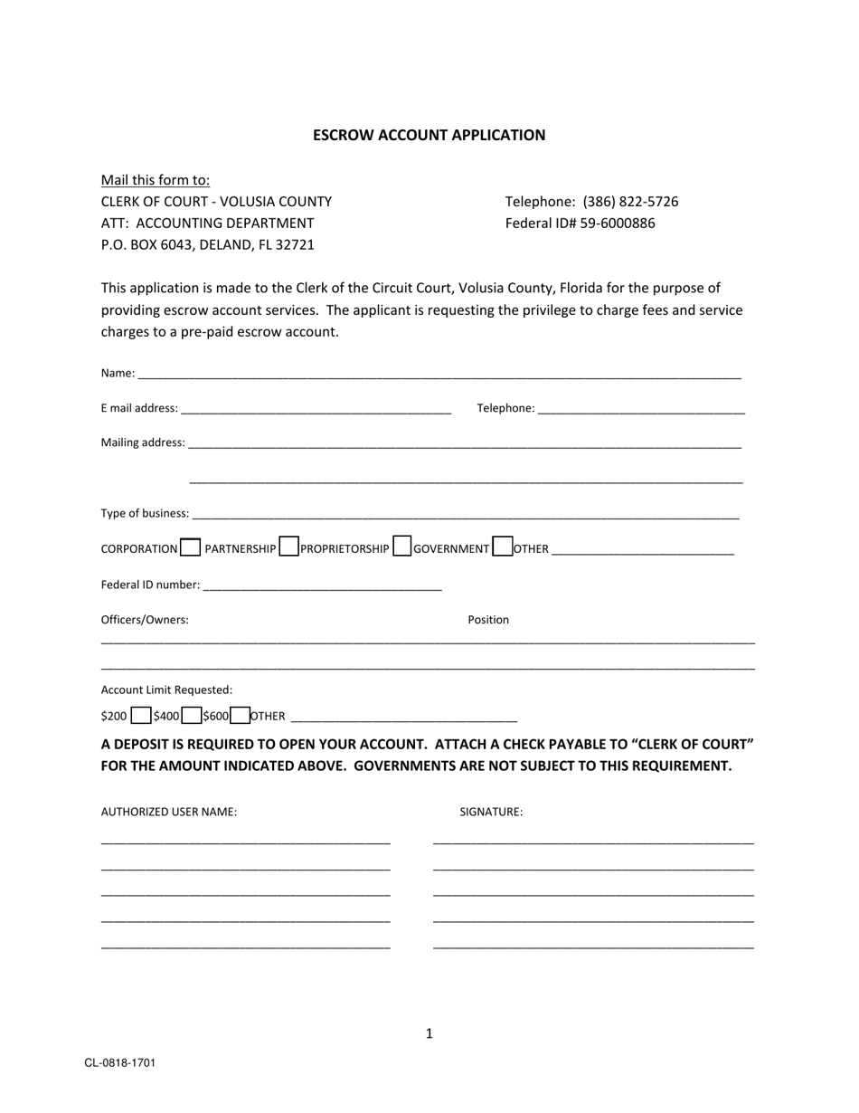 Form CL-0818-1701 Escrow Account Application - Volusia County, Florida, Page 1