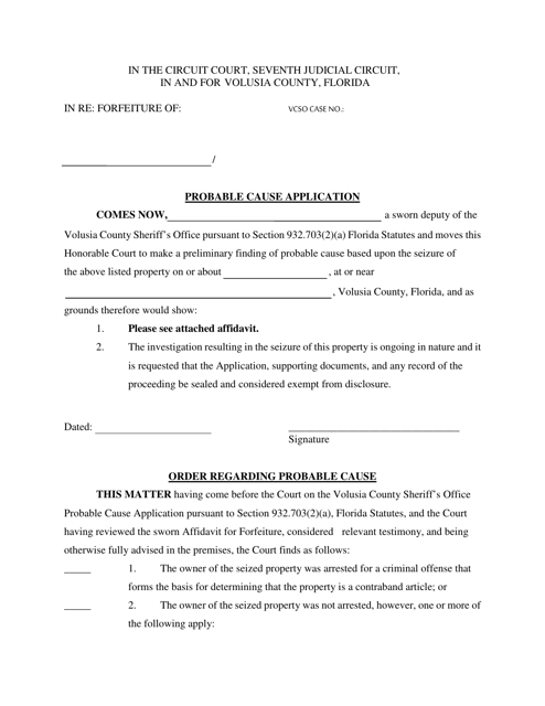Probable Cause Application - Volusia County, Florida Download Pdf