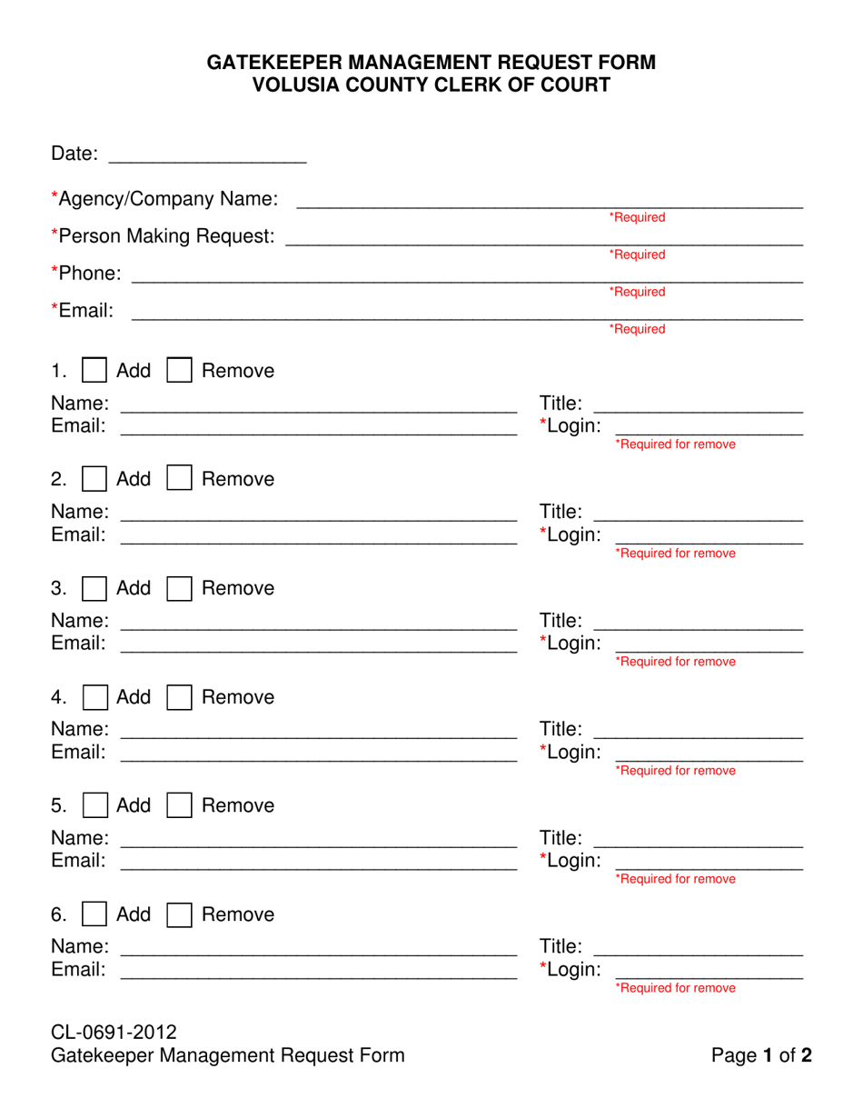 Form CL-0691-2012 Gatekeeper Management Request Form - Volusia County, Florida, Page 1