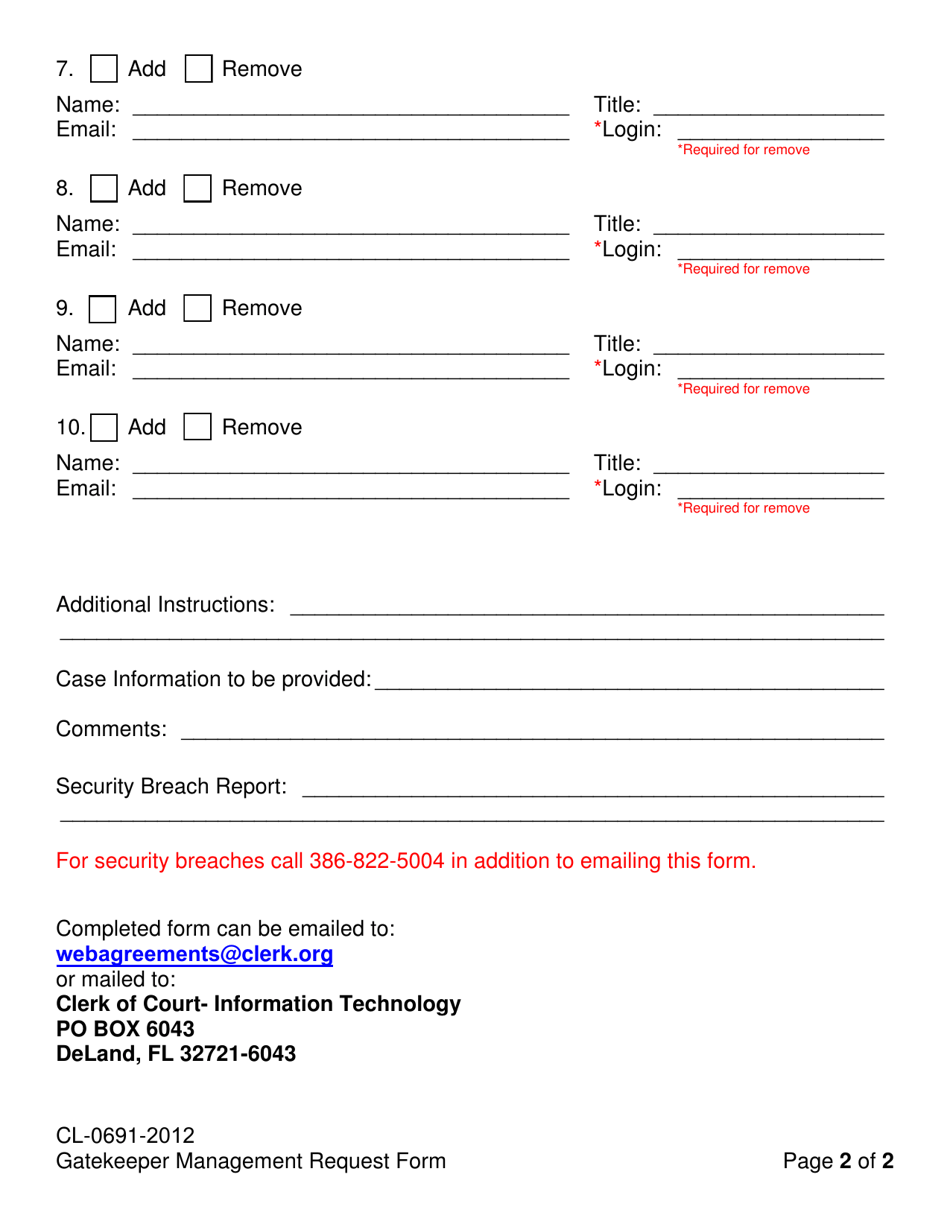 Form CL-0691-2012 Gatekeeper Management Request Form - Volusia County, Florida, Page 2