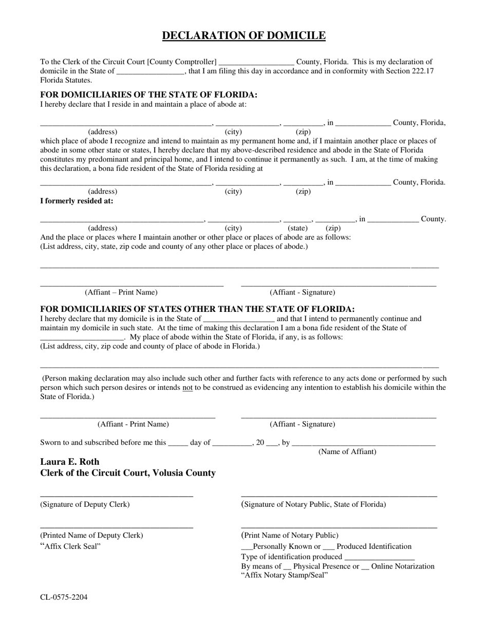 Form CL-0575-2204 Declaration of Domicile - Volusia County, Florida, Page 1