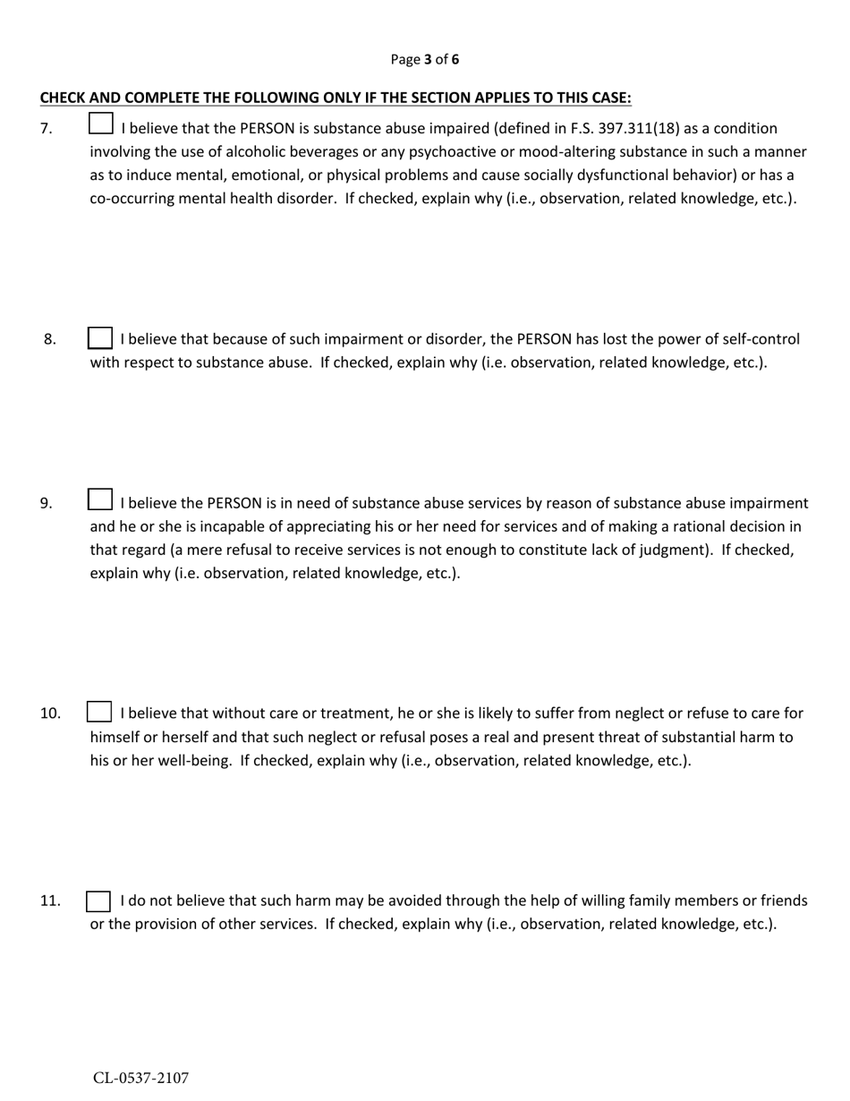 Form CL-0537-2107 Petition and Affidavit Seeking Involuntary Substance Abuse Assessment Stabilization - Volusia County, Florida, Page 3