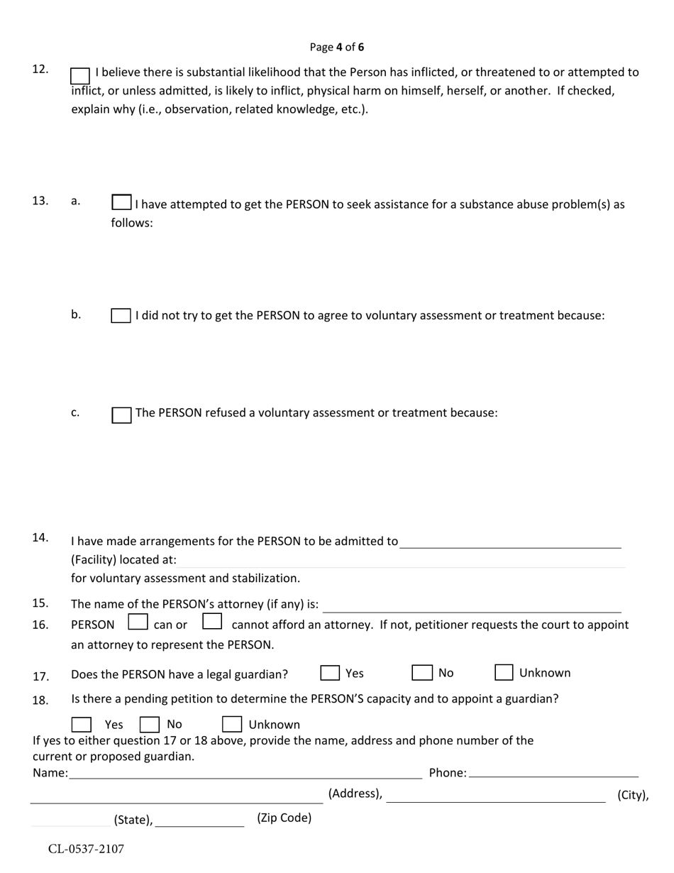 Form CL-0537-2107 Petition and Affidavit Seeking Involuntary Substance Abuse Assessment Stabilization - Volusia County, Florida, Page 4