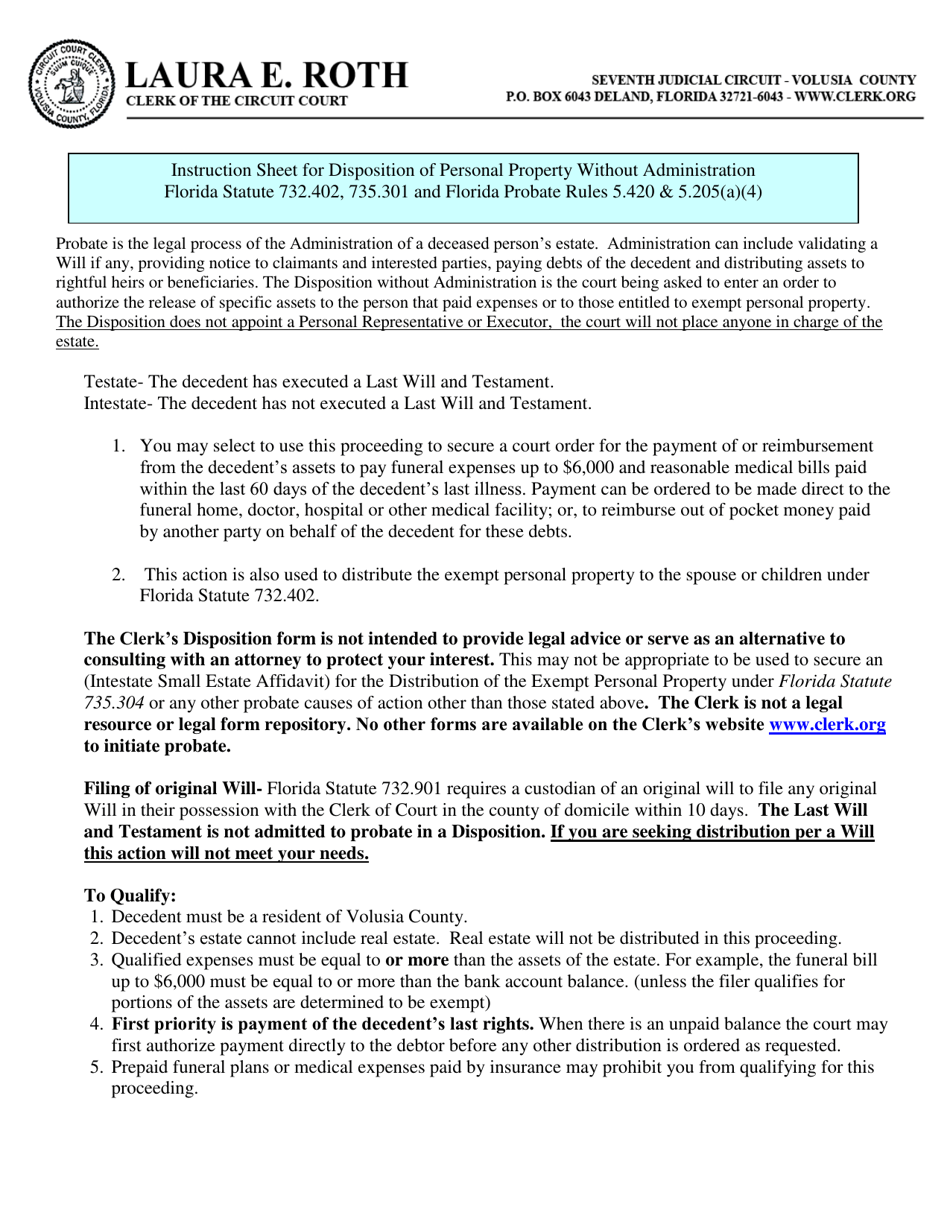 Instructions for Form CL-0231-2107 Disposition of Personal Property Without Administration - Volusia County, Florida, Page 1