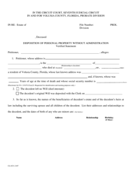 Document preview: Form CL-0231-2107 Disposition of Personal Property Without Administration Verified Statement - Volusia County, Florida
