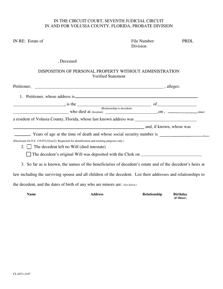 Form CL-0231-2107 Disposition of Personal Property Without Administration Verified Statement - Volusia County, Florida, Page 1