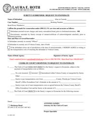 Document preview: Form CL-0808-1802 Surety's Surrender / Request to Exonerate - Volusia County, Florida