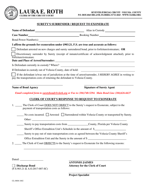 Form CL-0808-1802 Surety's Surrender / Request to Exonerate - Volusia County, Florida
