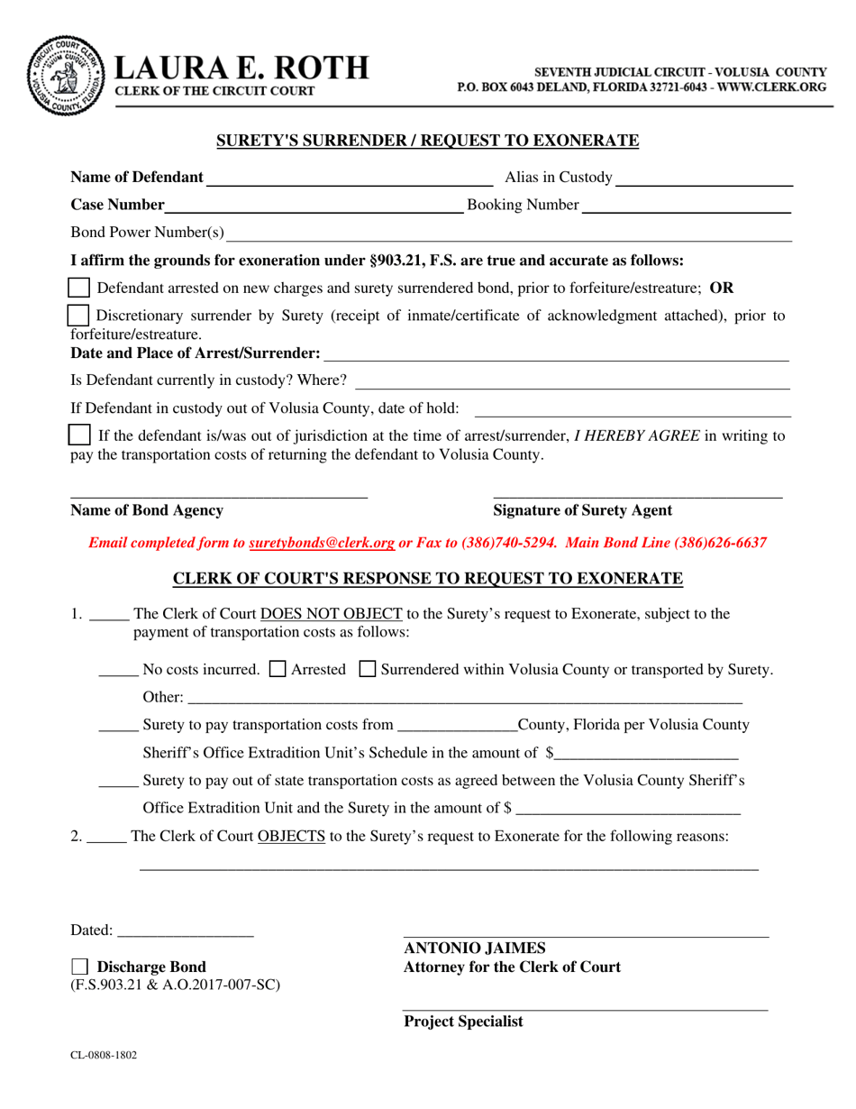 Form CL-0808-1802 Suretys Surrender / Request to Exonerate - Volusia County, Florida, Page 1