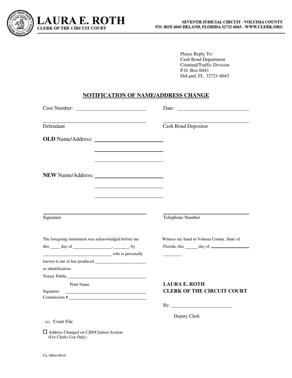 Form CL-0864-0810 Notification of Name / Address Change - Volusia County, Florida, Page 1