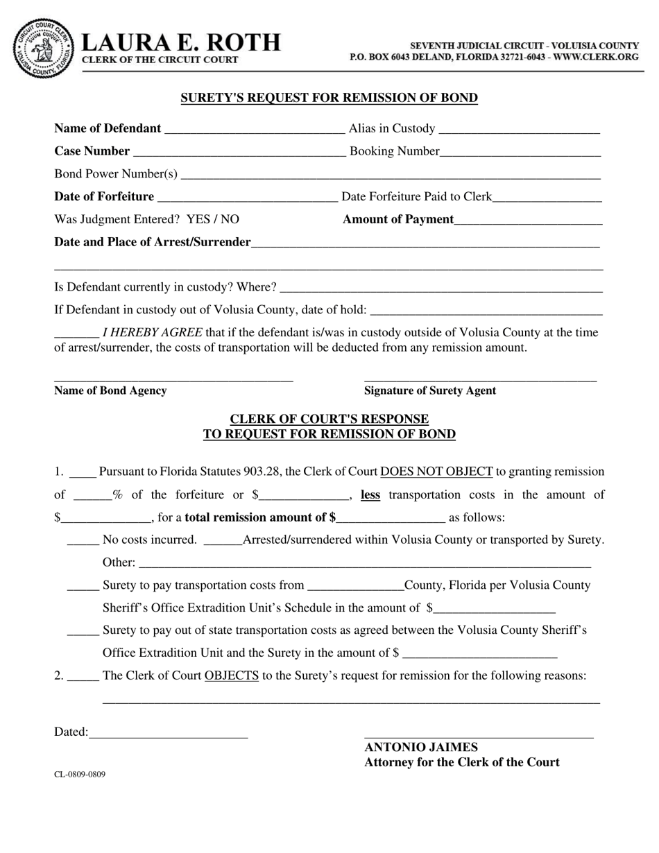 Form CL-0809-0809 Suretys Request for Remission of Bond - Volusia County, Florida, Page 1