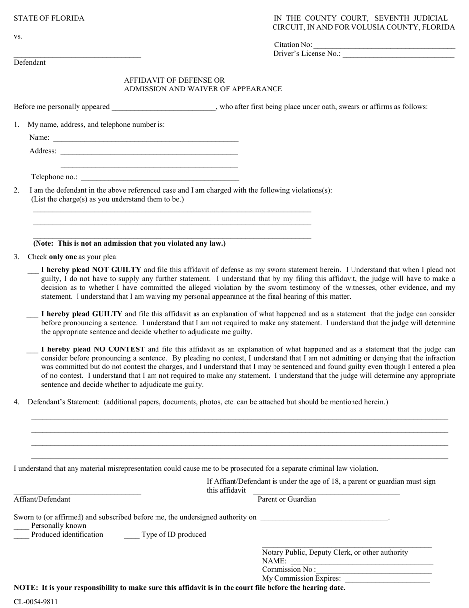 Form CL-0054-9811 Affidavit of Defense or Admission and Waiver of Appearance - Volusia County, Florida, Page 2