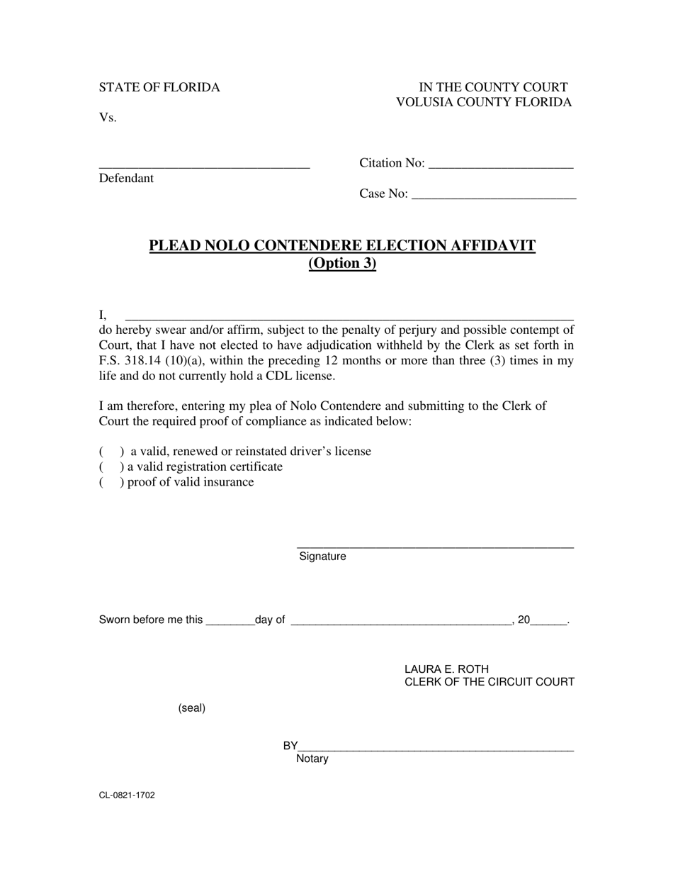 Form CL-0821-1702 Plead Nolo Contendere Election Affidavit (Option 3) - Volusia County, Florida, Page 1