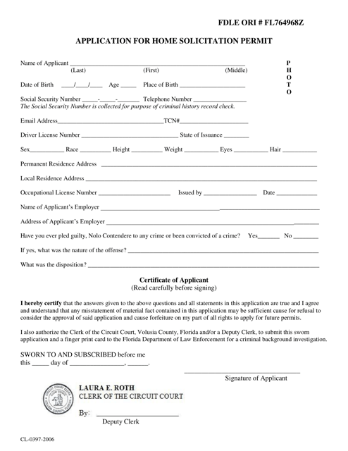 Form CL-0397-2006 Application for Home Solicitation Permit - Volusia County, Florida