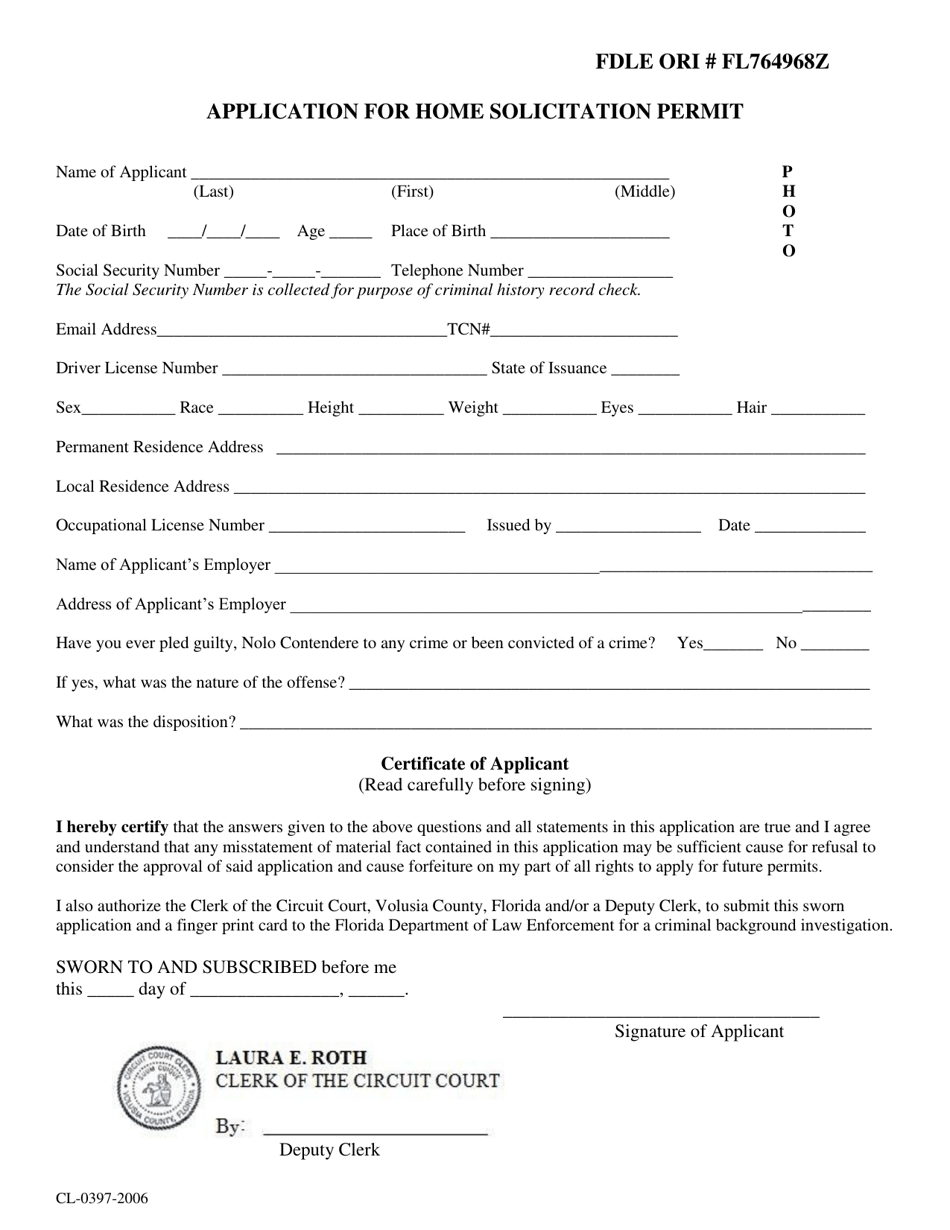 Form CL-0397-2006 Application for Home Solicitation Permit - Volusia County, Florida, Page 1