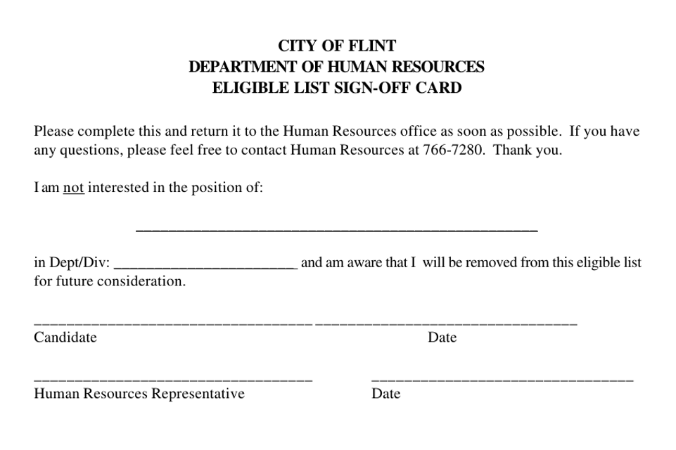 Eligible List Sign-Off Card - City of Flint, Michigan Download Pdf