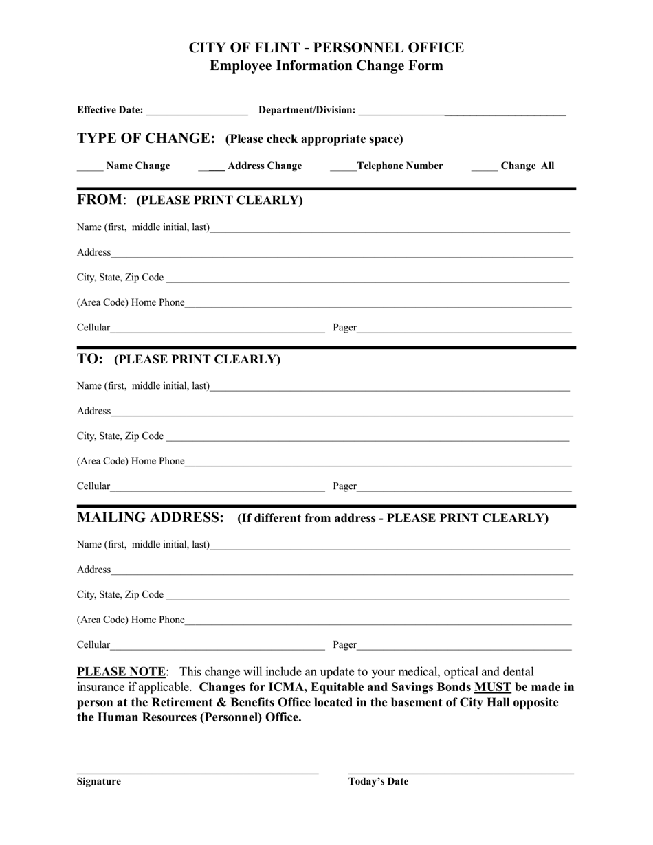 Employee Information Change Form - City of Flint, Michigan, Page 1