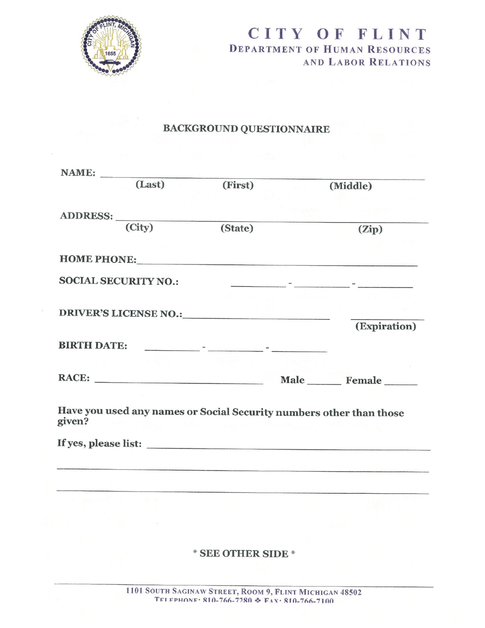 Background Questionnaire - City of Flint, Michigan, Page 1
