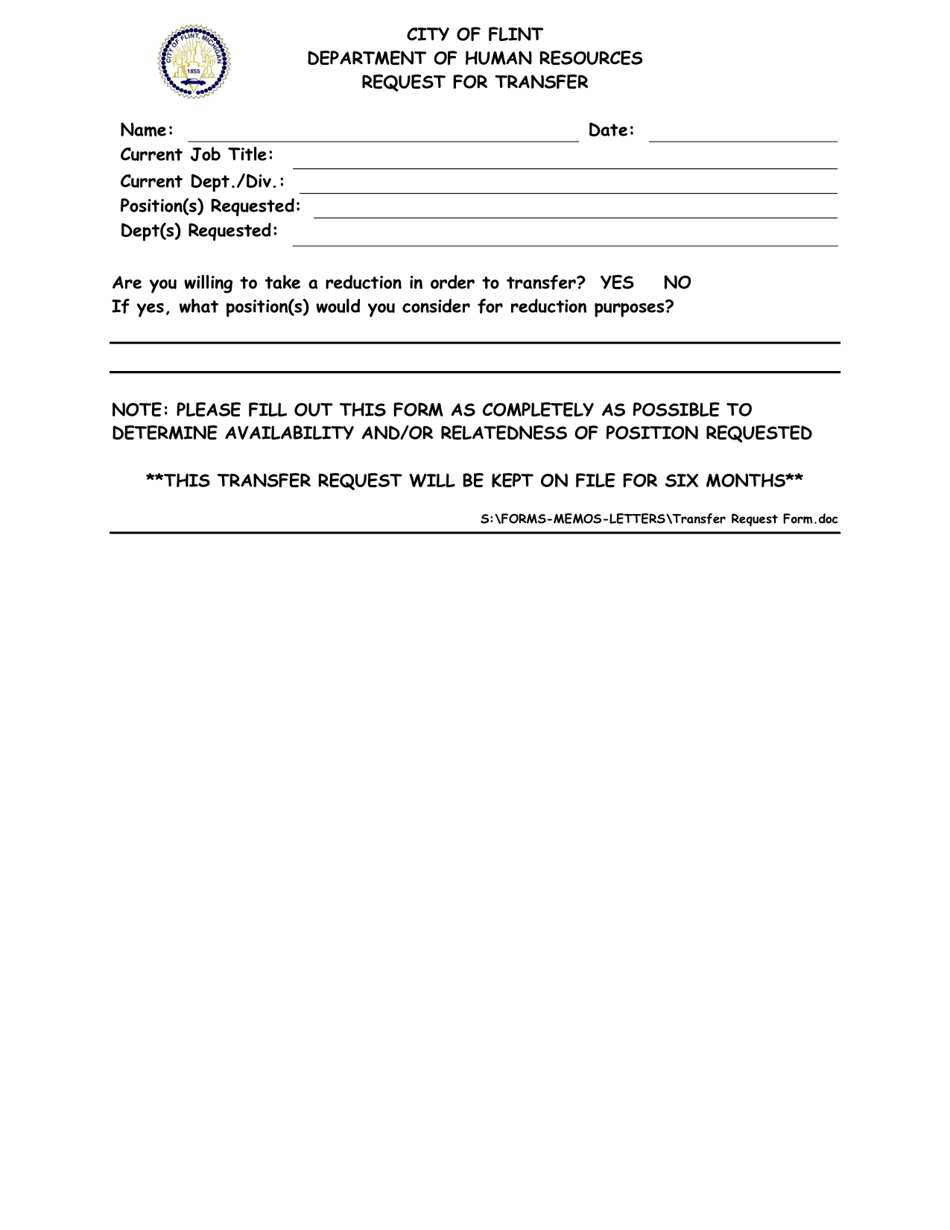 Request for Transfer - City of Flint, Michigan, Page 1