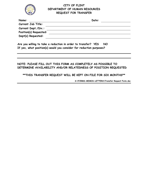 Request for Transfer - City of Flint, Michigan Download Pdf