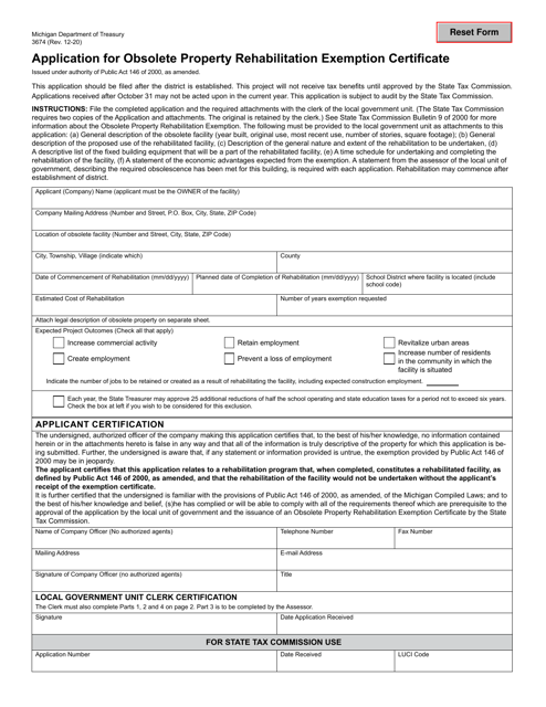 Form 3674 Application for Obsolete Property Rehabilitation Exemption Certificate - Michigan