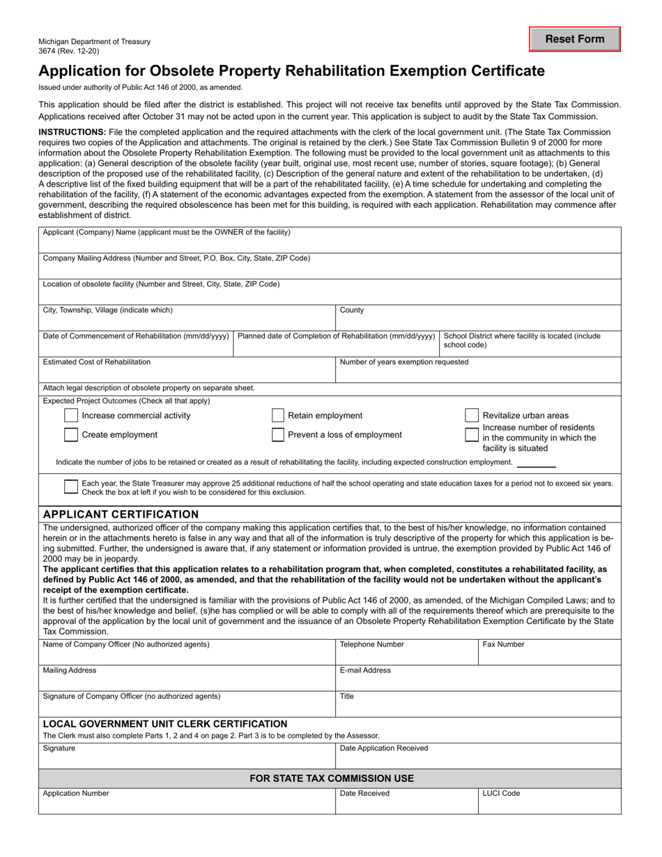 Form 3674 Application for Obsolete Property Rehabilitation Exemption Certificate - Michigan, Page 1