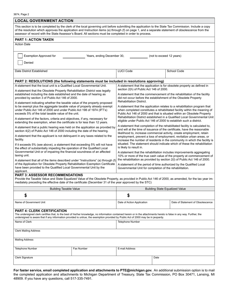 Form 3674 Application for Obsolete Property Rehabilitation Exemption Certificate - Michigan, Page 2
