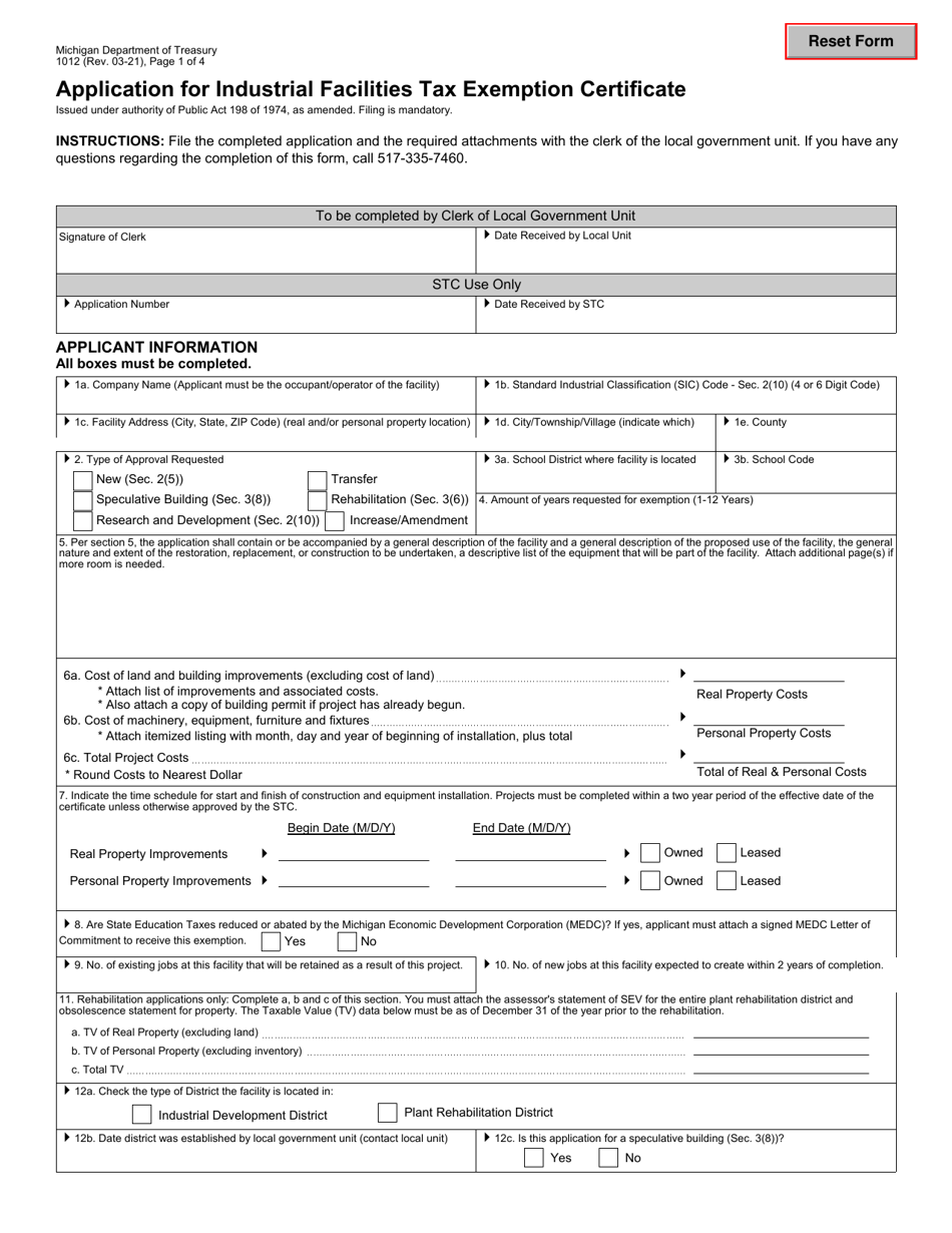 Form 1012 Application for Industrial Facilities Tax Exemption Certificate - Michigan, Page 1