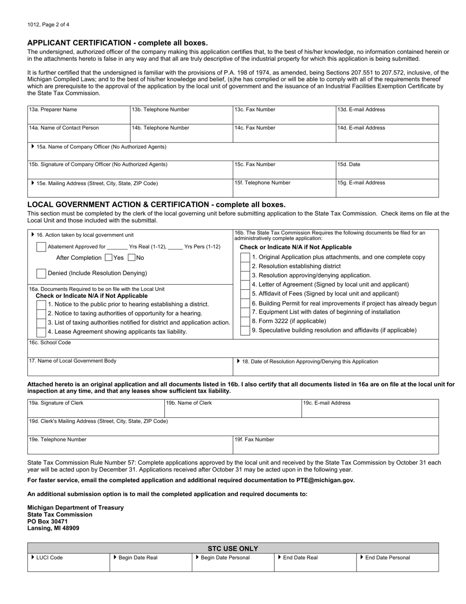 Form 1012 - Fill Out, Sign Online and Download Fillable PDF, Michigan ...