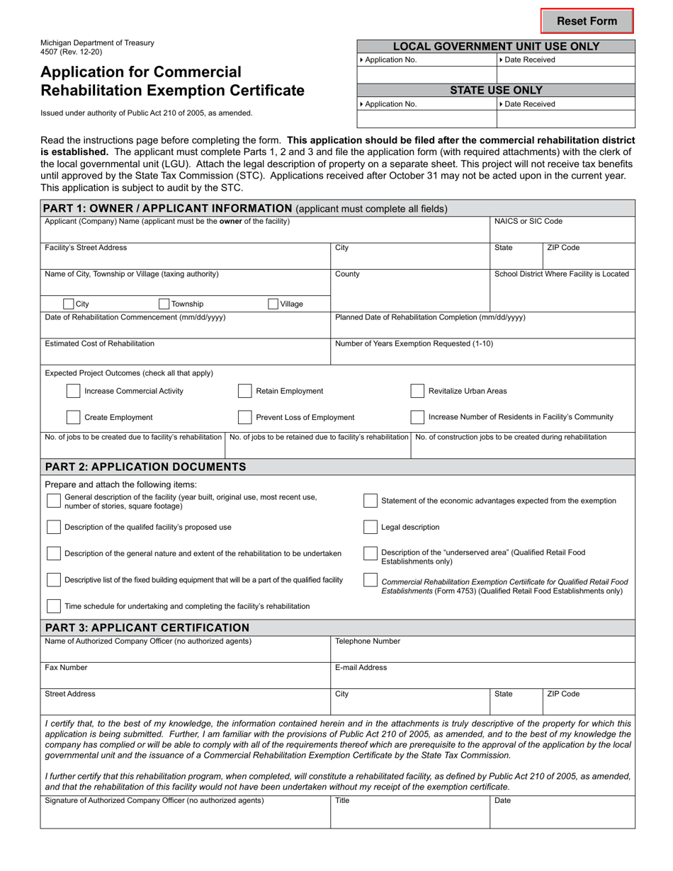Form 4507 Application for Commercial Rehabilitation Exemption Certificate - Michigan, Page 1