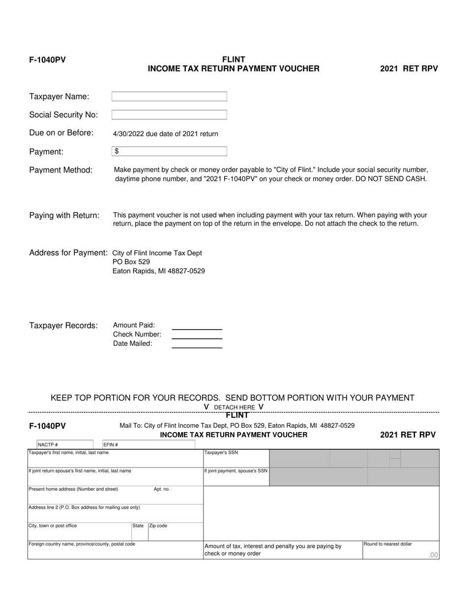 Form F-1040PV Income Tax Return Payment Voucher - City of Flint, Michigan, Page 1