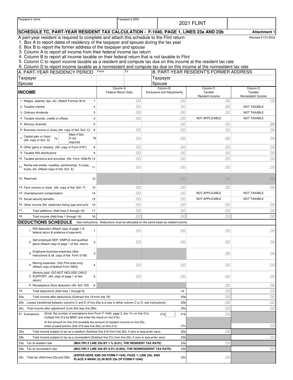 Form F-1040 Schedule TC Part-Year Resident Tax Calculation - City of Flint, Michigan, Page 1