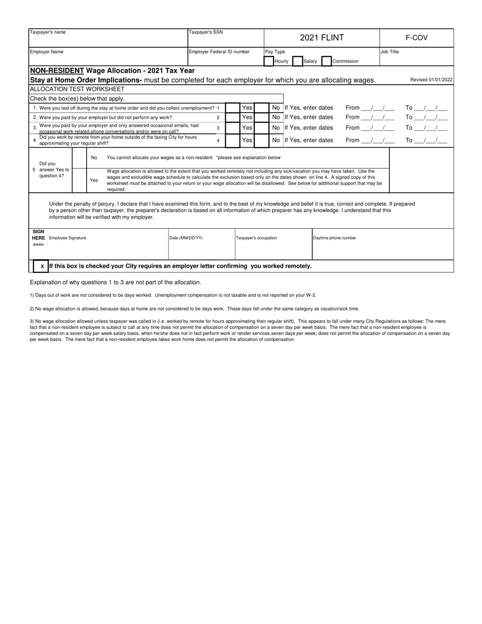 Form F-COV Non-resident Wage Allocation - City of Flint, Michigan, Page 1