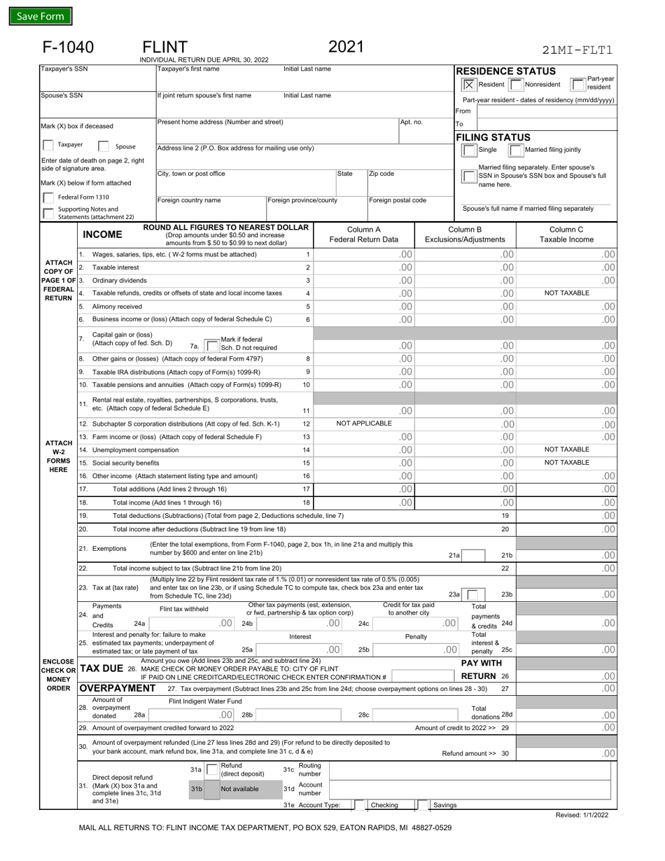 Form F-1040 Individual Income Tax Return - City of Flint, Michigan, Page 1