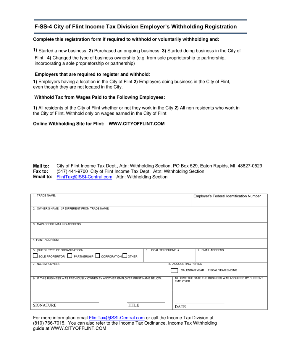 Form F-SS-4 Income Tax Division Employers Withholding Registration - City of Flint, Michigan, Page 1