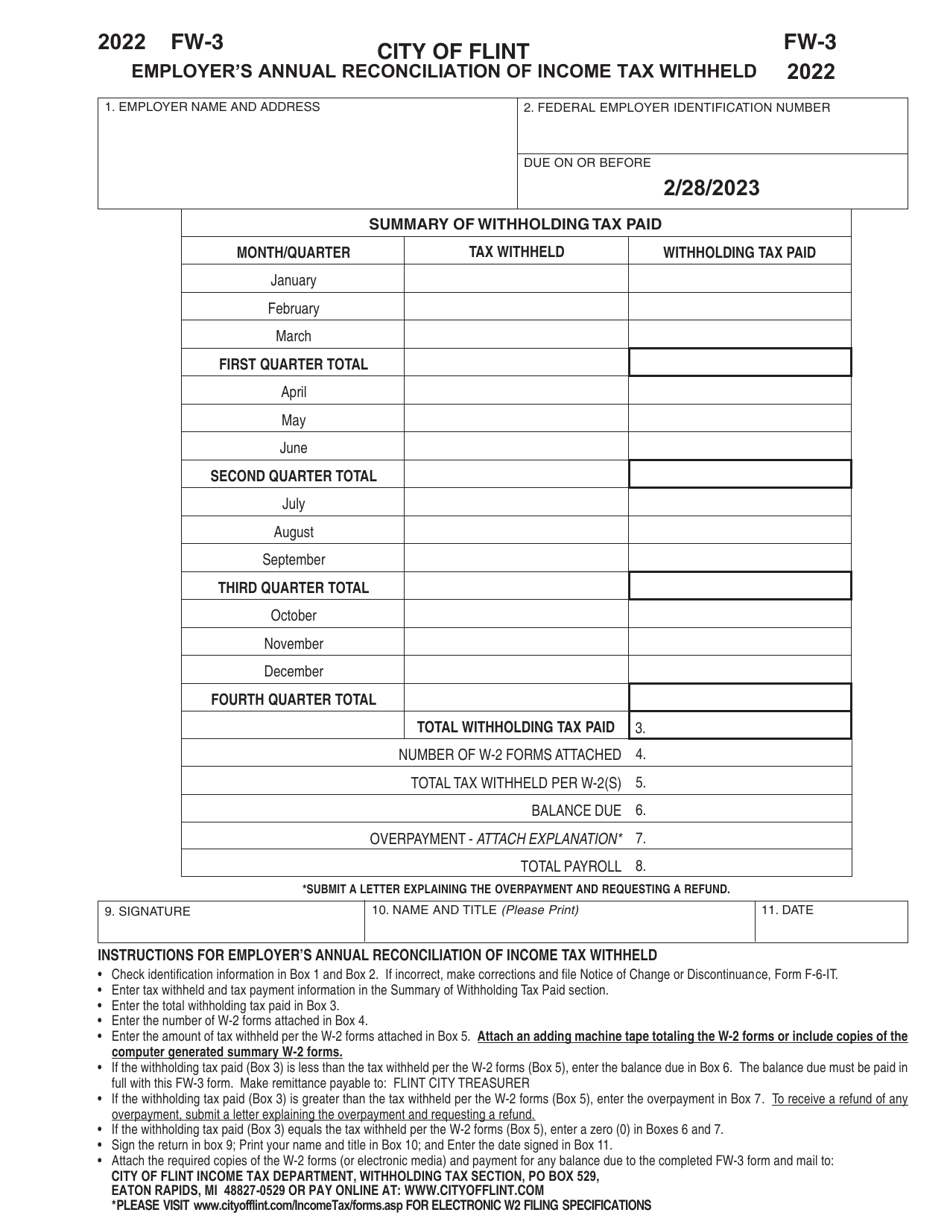 Form FW-3 Employers Annual Reconciliation of Income Tax Withheld - City of Flint, Michigan, Page 1