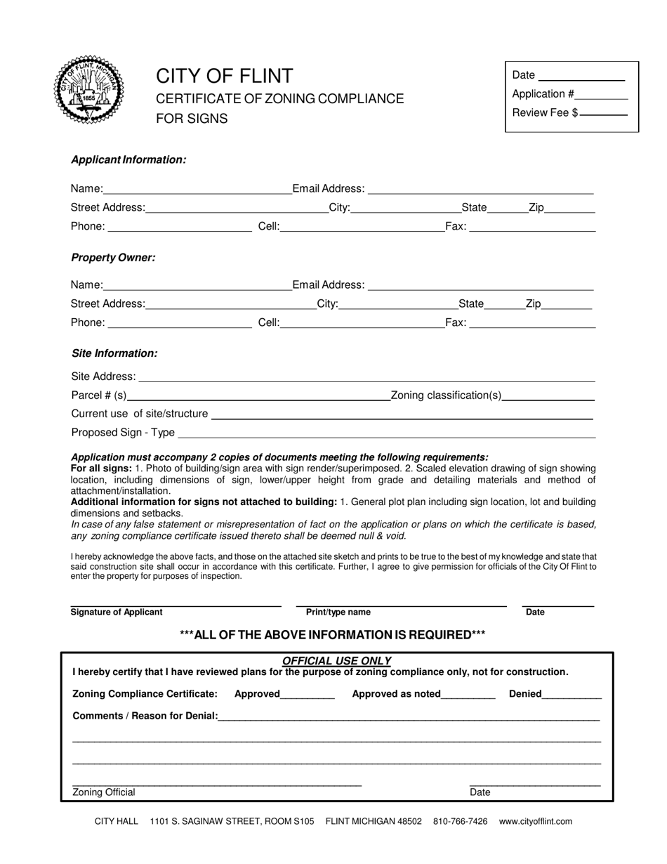 City Of Flint Michigan Certificate Of Zoning Compliance For Signs Fill Out Sign Online And 5382