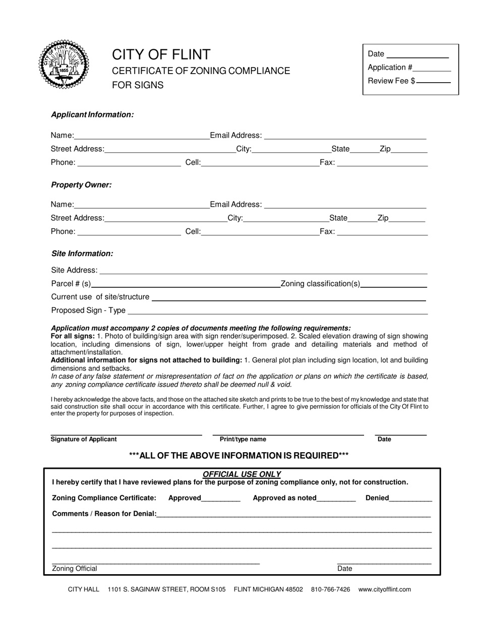 Certificate of Zoning Compliance for Signs - City of Flint, Michigan, Page 1