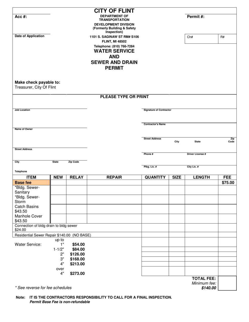 Water Service and Sewer and Drain Permit - City of Flint, Michigan, Page 1