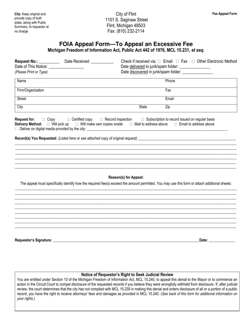 Foia Appeal Form - to Appeal an Excessive Fee - City of Flint, Michigan