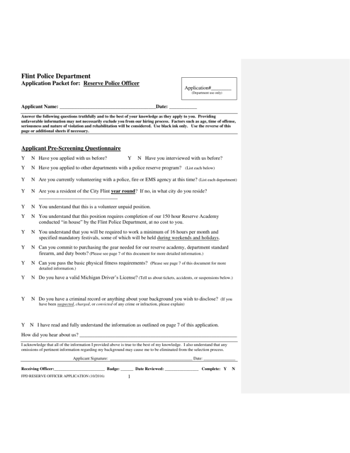 Application Packet for Reserve Police Officer - City of Flint, Michigan Download Pdf