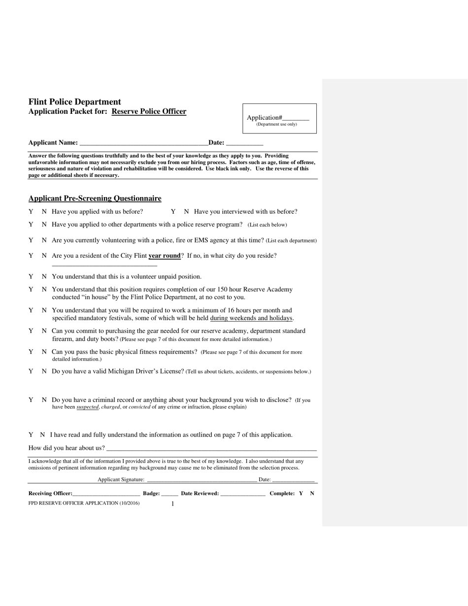 Application Packet for Reserve Police Officer - City of Flint, Michigan, Page 1