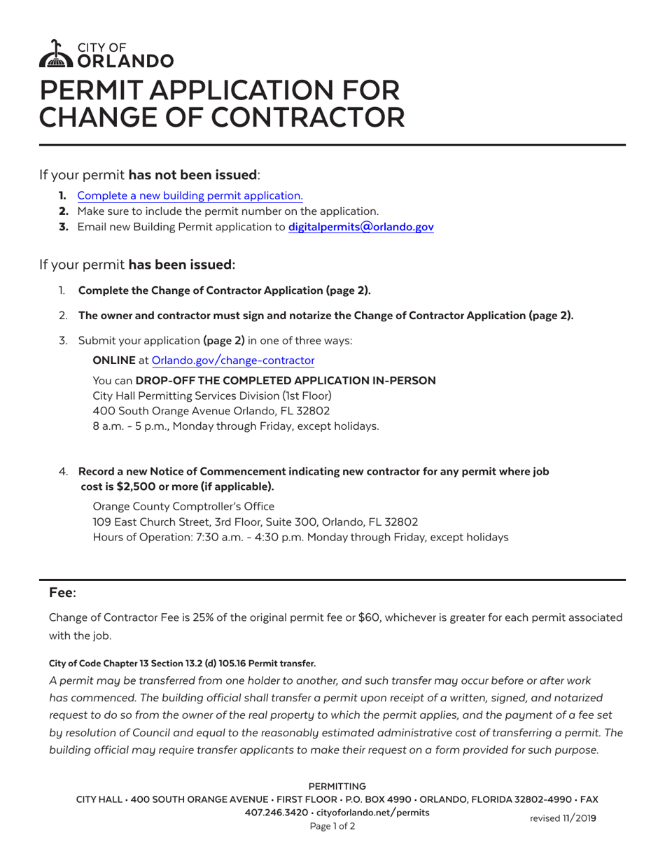 Permit Application for Change of Contractor - City of Orlando, Florida, Page 1