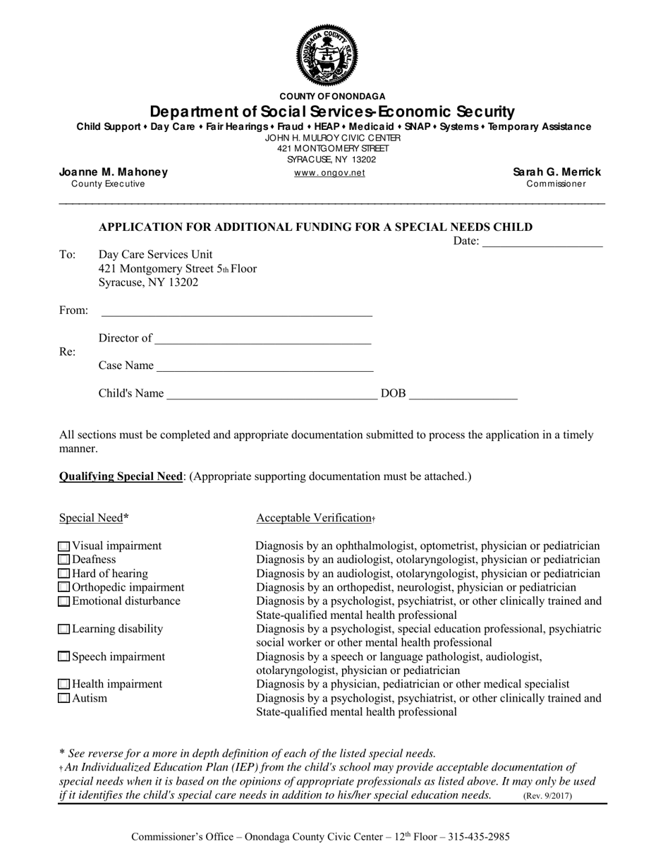 Onondaga County, New York Application for Additional Funding for a
