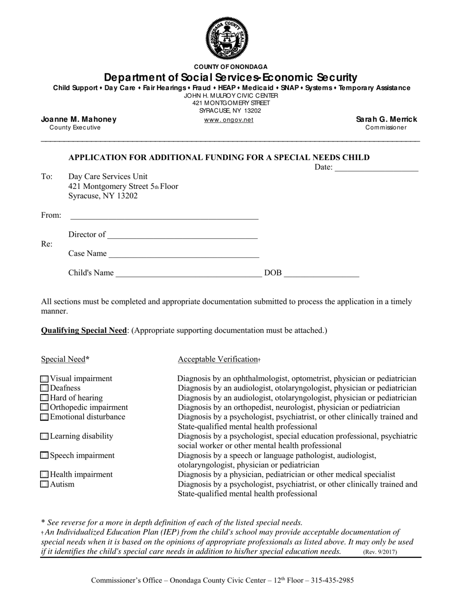 Application for Additional Funding for a Special Needs Child - Onondaga County, New York, Page 1