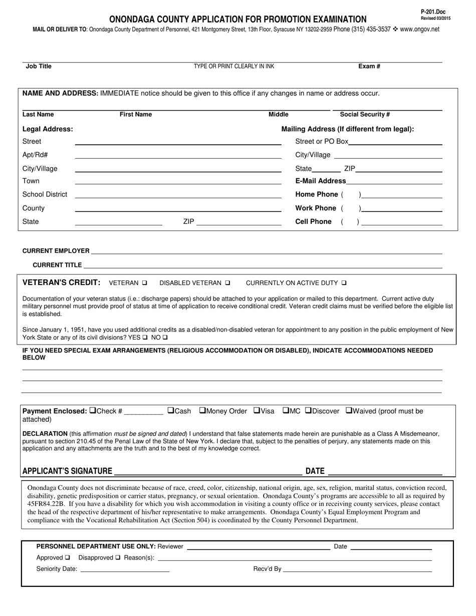 Form P-201 Application for Promotion Examination - Onondaga County, New York, Page 1