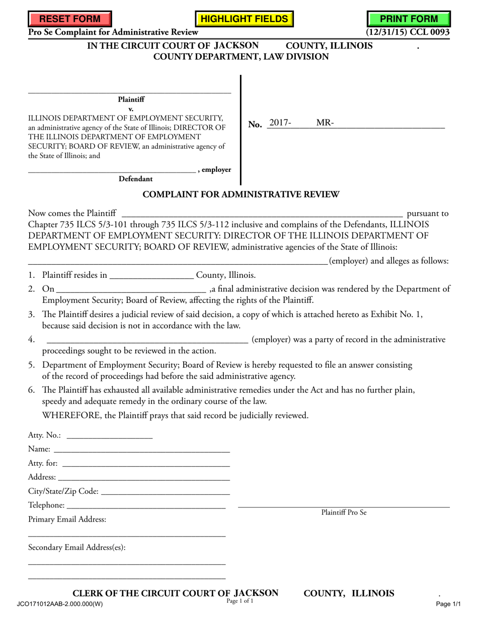 Jackson County, Illinois Complaint for Administrative Review - Fill Out ...