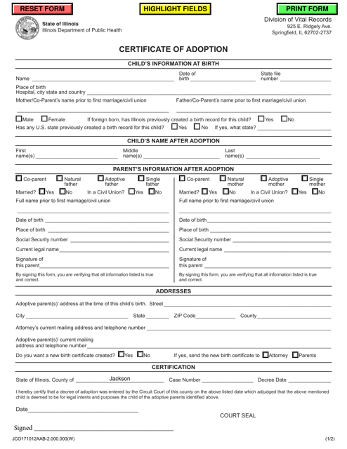 Certificate of Adoption - Adopting From Unmarried Parents - Jackson County, Illinois Download Pdf
