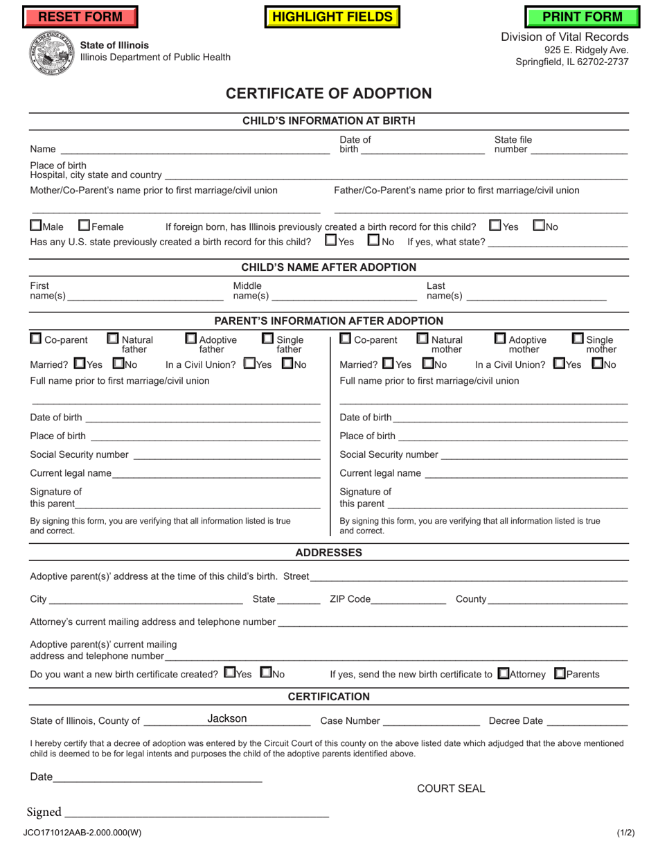 Certificate of Adoption - Adopting From Unmarried Parents - Jackson County, Illinois, Page 1