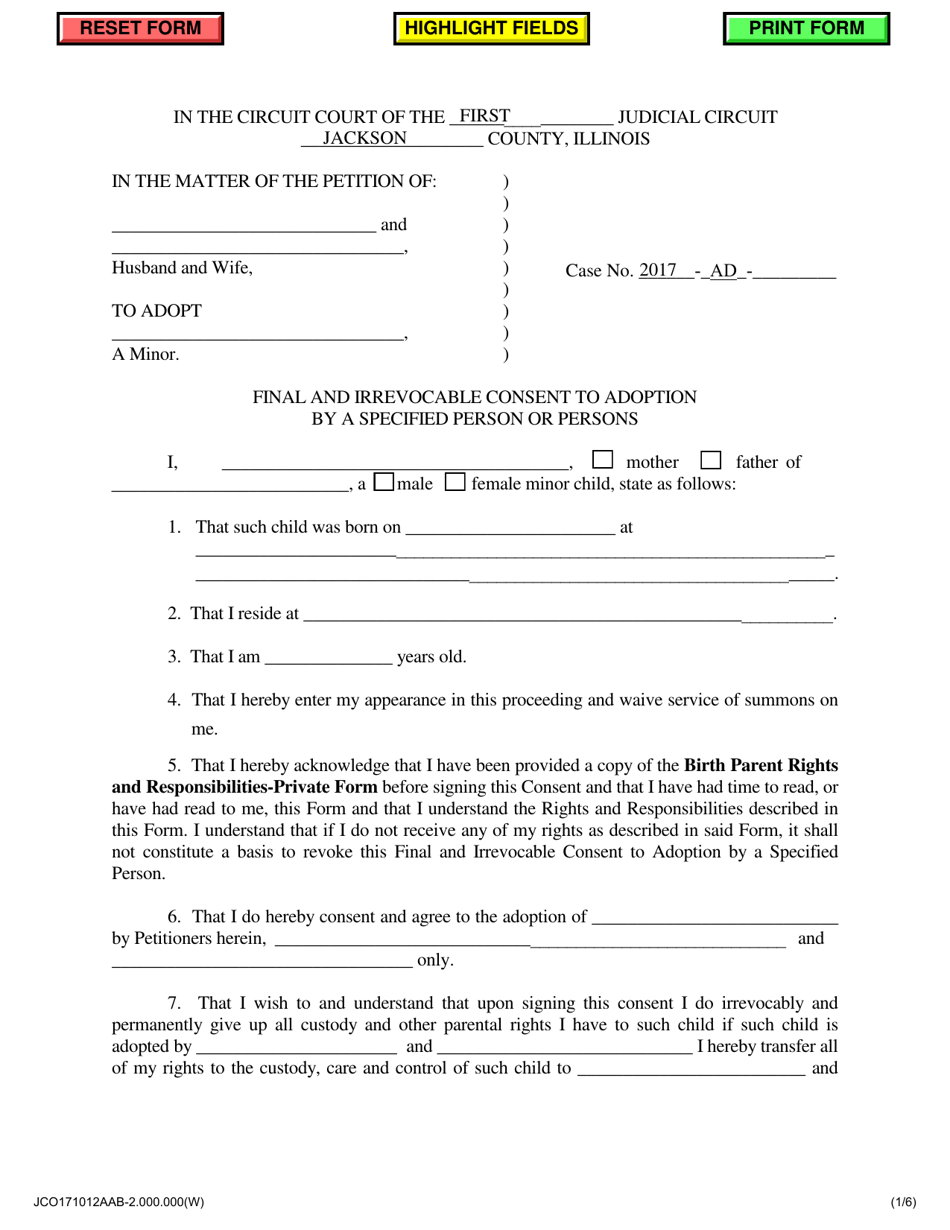 Final and Irrevocable Consent to Adoption by a Specified Person or Persons - Jackson County, Illinois, Page 1